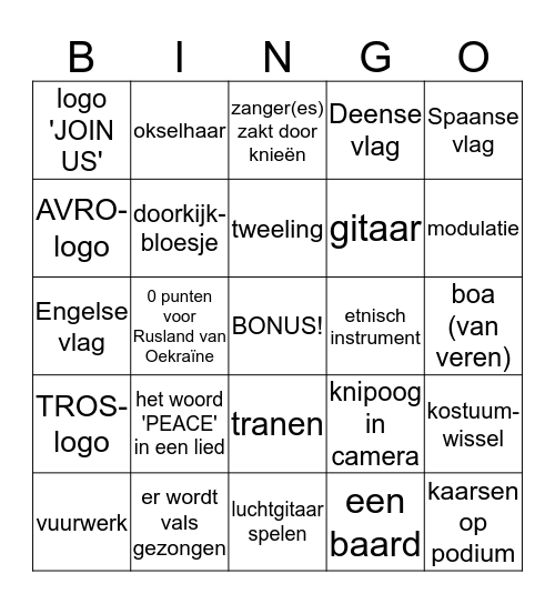 GayPride GroenLinks Eurovision Bingo Card