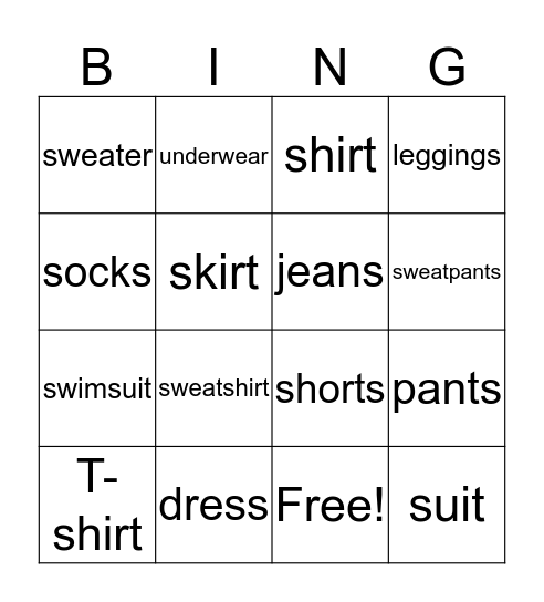 Clothing Vocabulary Bingo Card