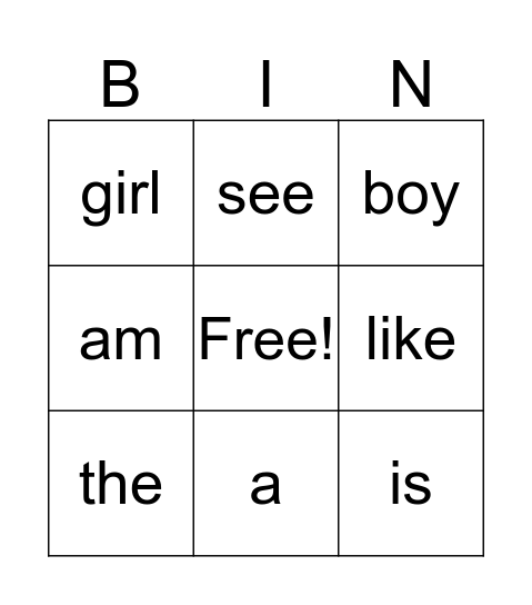 Sight Word Bingo List 1 Bingo Card