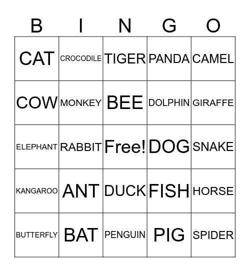 ANIMALS Bingo Card