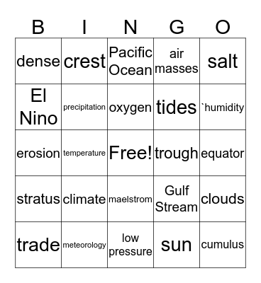Weather and Water Bingo Card