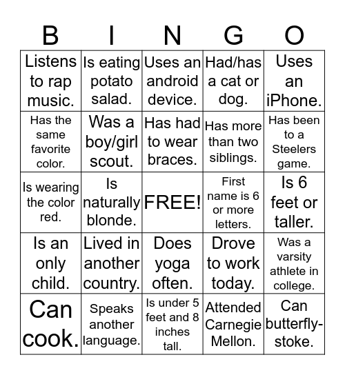 Know Your Colleague Bingo Card