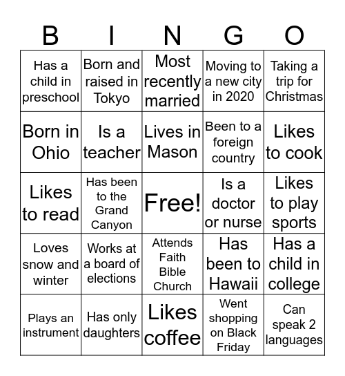 Cookies and Conversation Bingo Card