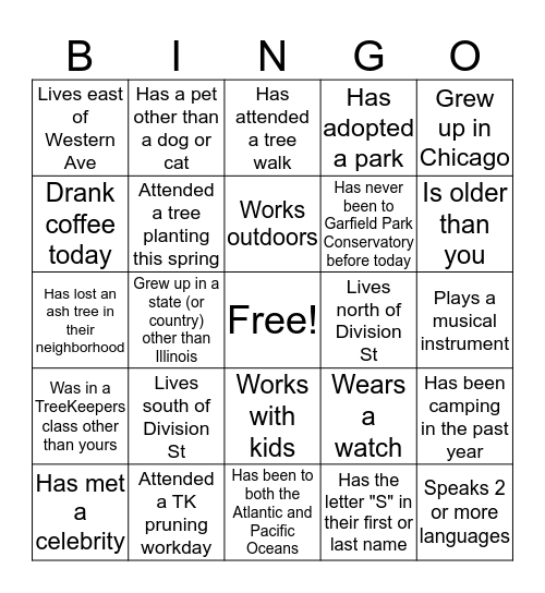 Treekeeper Bingo Card