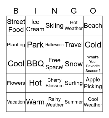 Seasons and Activities Bingo Card