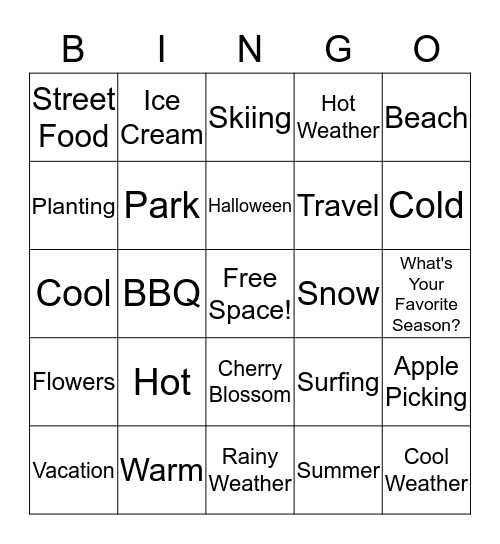 Seasons and Activities Bingo Card
