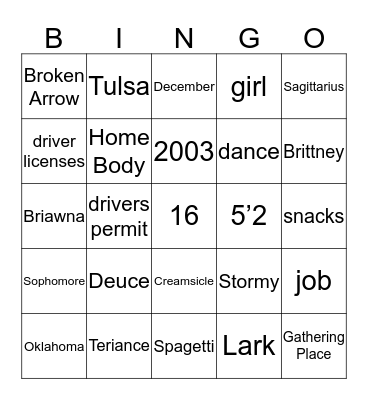 Tyawna's Sweet 16 Bingo Card