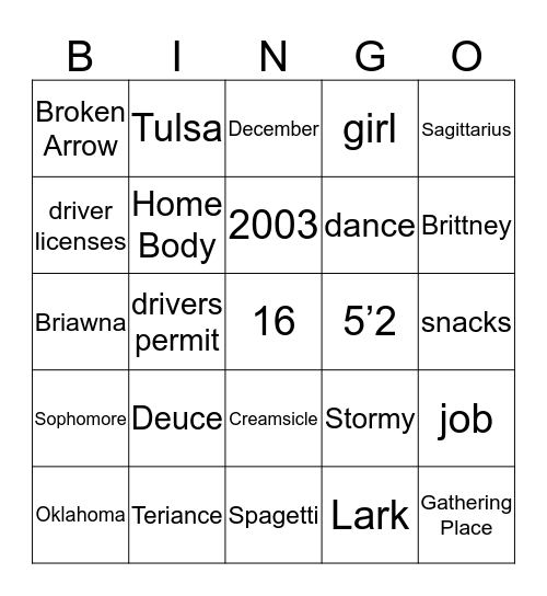 Tyawna's Sweet 16 Bingo Card