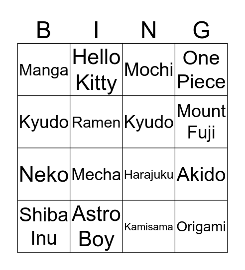 Japanese Culture Club  Bingo Card