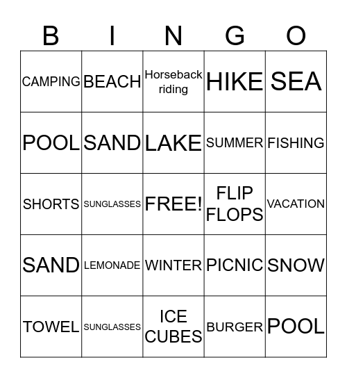 Vacation Bingo Card