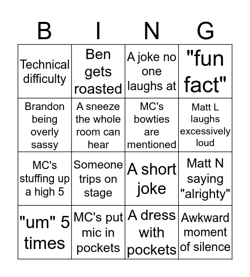 Youth Formal Bingo Card