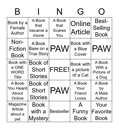 PAWS TO READ Bingo Card