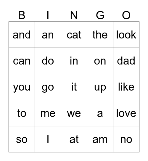 Kindergarten Sight Word Bingo Card