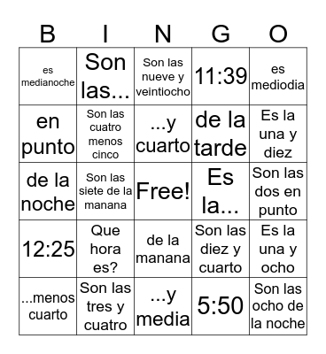 La hora Bingo Card