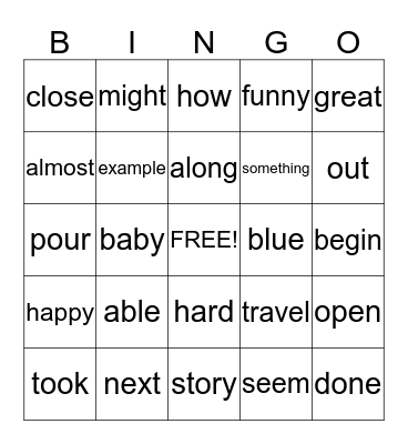 Sight Word Bingo Card