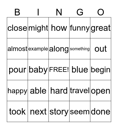 Sight Word Bingo Card