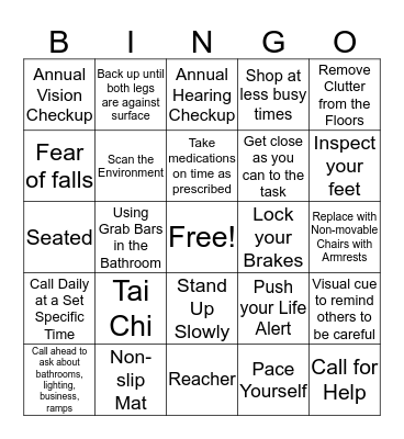 Fall Prevention Bingo Card