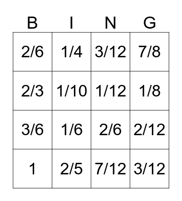 Fraction Bingo 12/5/19 Bingo Card