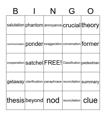 Vocabulary Bingo Card