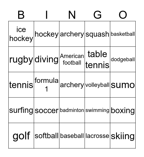 Sports Bingo Card