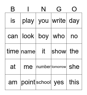 High Frequency Words Bingo Card