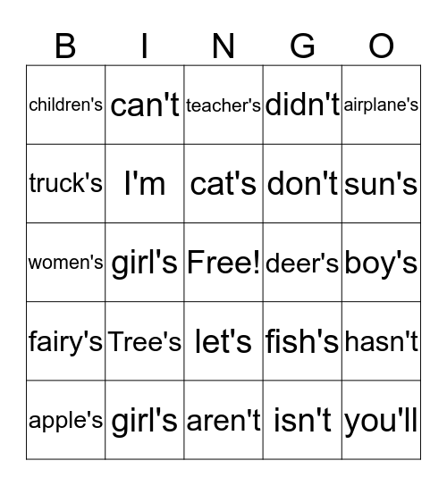 Possessives vs. Contractions Bingo Card