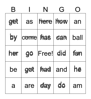 Sight Words Bingo Card