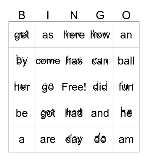 Sight Words Bingo Card