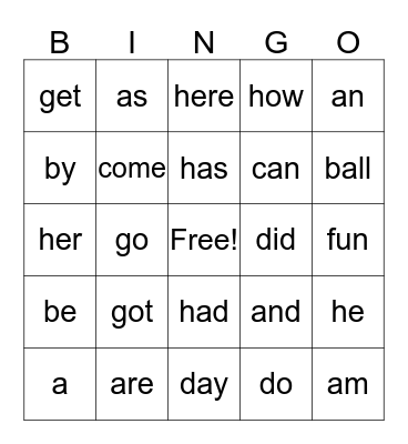 Sight Words Bingo Card