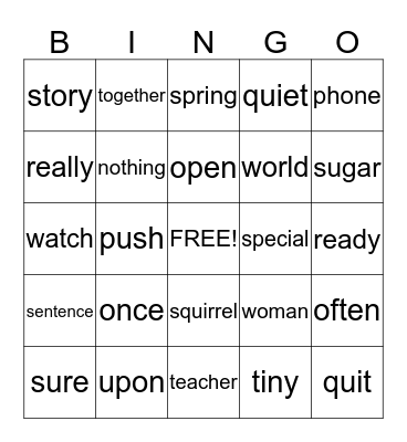 2B Tricky Words N-Z Bingo Card