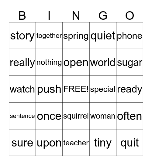 2B Tricky Words N-Z Bingo Card