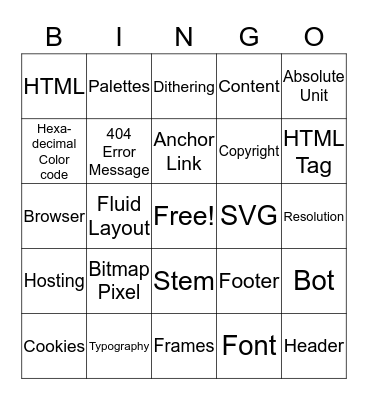 Web Design Vocab Bingo Card