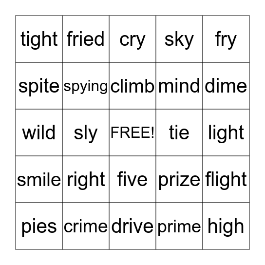 Long i, igh, i-e, y, ie Bingo Card