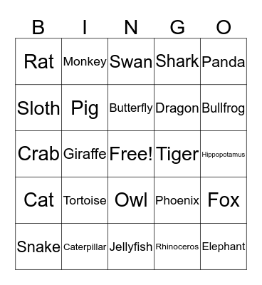Animal Bingo Card
