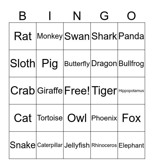 Animal Bingo Card