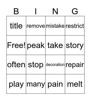 Vocabulary Bingo L4 Bingo Card