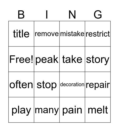 Vocabulary Bingo L4 Bingo Card