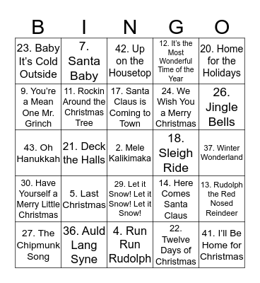 Holiday Music Bingo Card