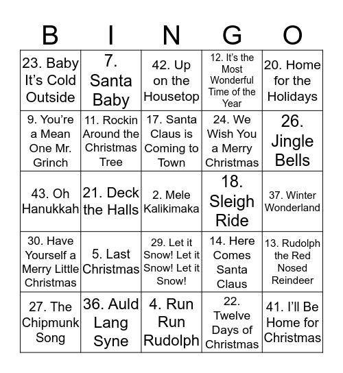 Holiday Music Bingo Card