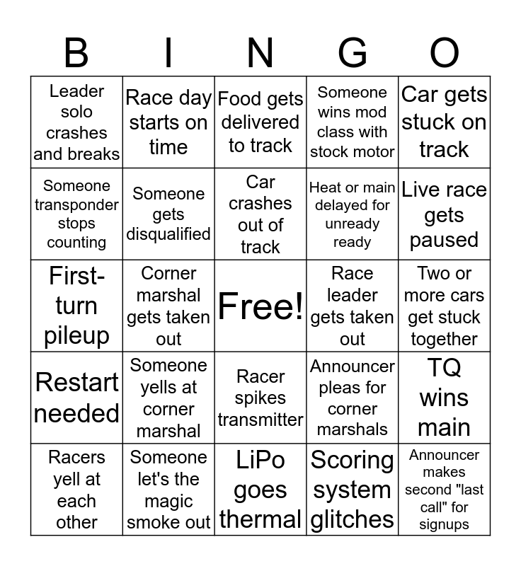 RC RACE Bingo Card