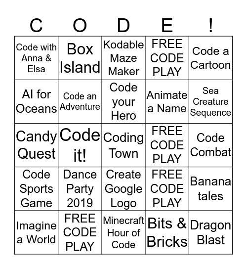 Hour of Code  Bingo Card