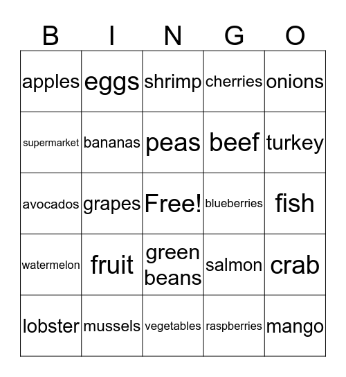La nourriture Bingo Card
