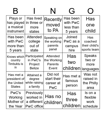 Working Parents Bingo Card