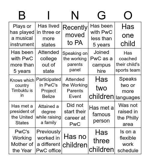 Working Parents Bingo Card