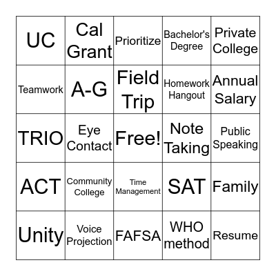 Upward Bound Bingo Card