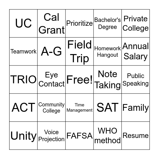 Upward Bound Bingo Card