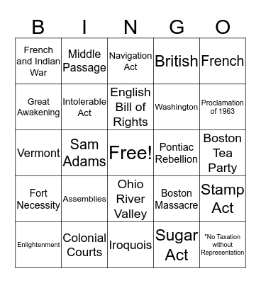 French and Indian /Colonists Bingo Card