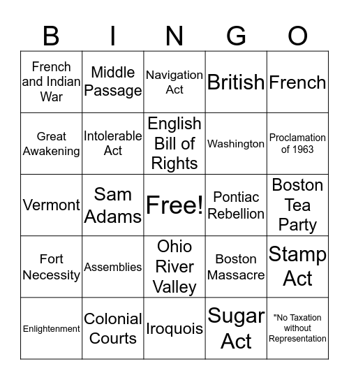 French and Indian /Colonists Bingo Card