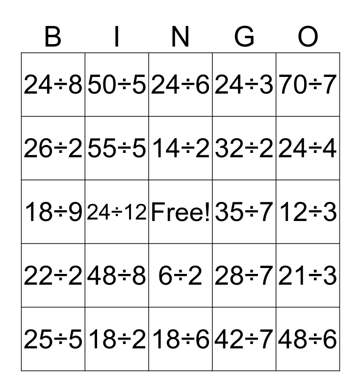 Division Bingo Printable Free