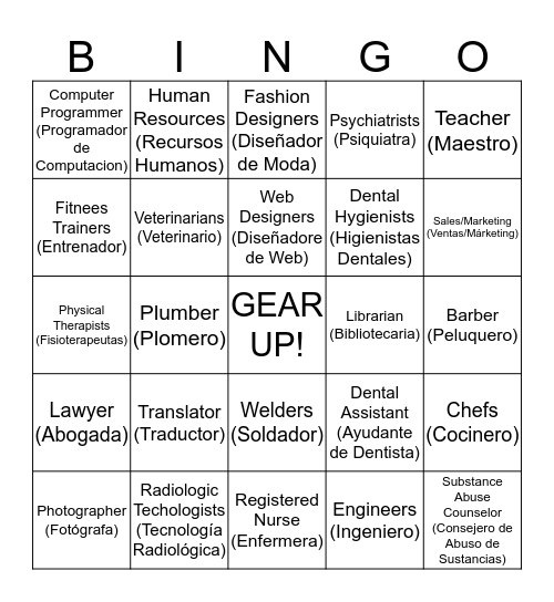 GEAR UP BINGO Card